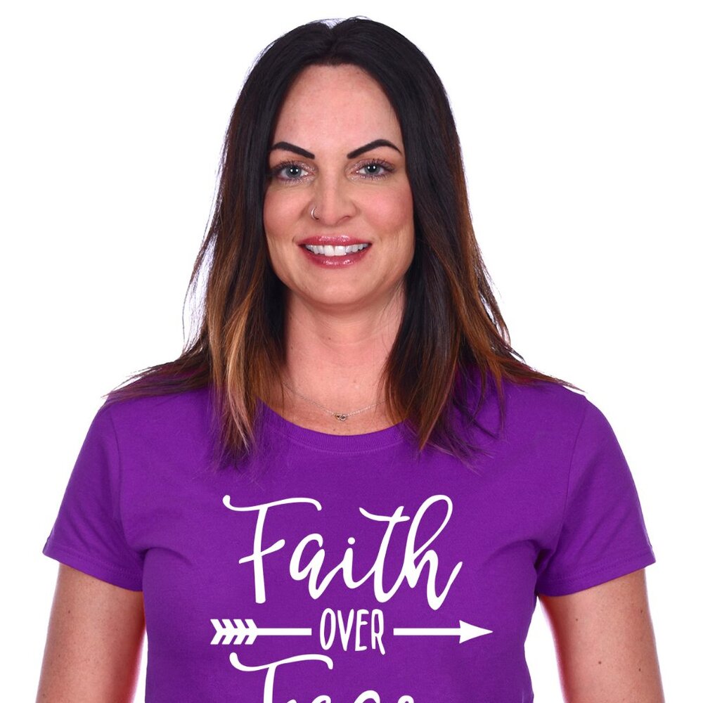 JH Design Women's Religious Christian Faith Over Fear Purple T-Shirt